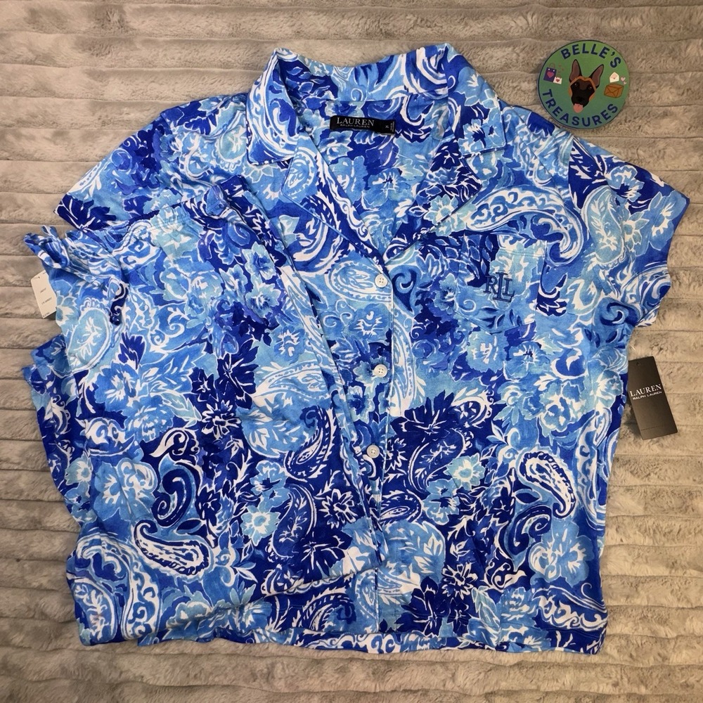 Ralph Lauren LRL Pjs Womens XL Aqua Blue Paisley Soft Capri Pajama Set LOGO NEW‎
